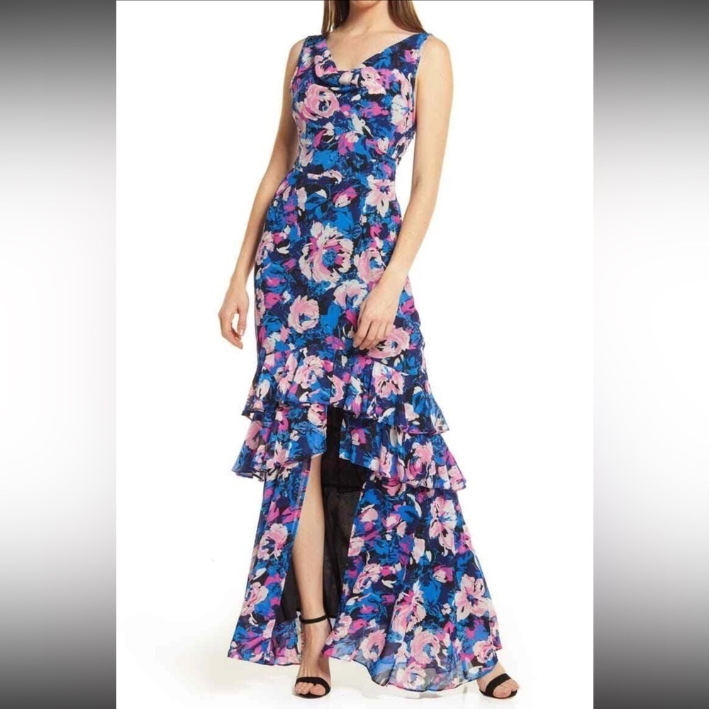 WAYF The Miramar High-Low Ruffled Gown Magenta Floral Sleeveless Maxi Dress S